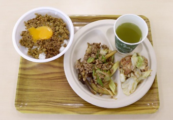 写真：完成したメニュー3品（キーマカレー、鶏肉とキャベツのにんにく醤油炒め、麻婆茄子）