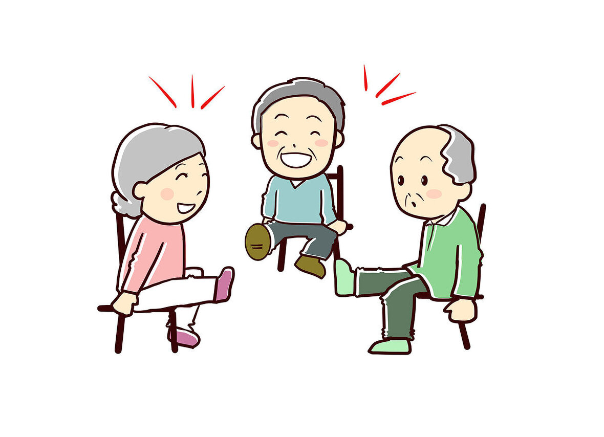 イメージイラスト：椅子に座って楽しそうに体操をしている3人