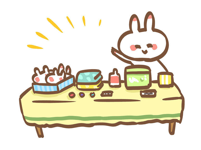 イラスト：うさぎのキャラクターがフリーマーケットに出店している