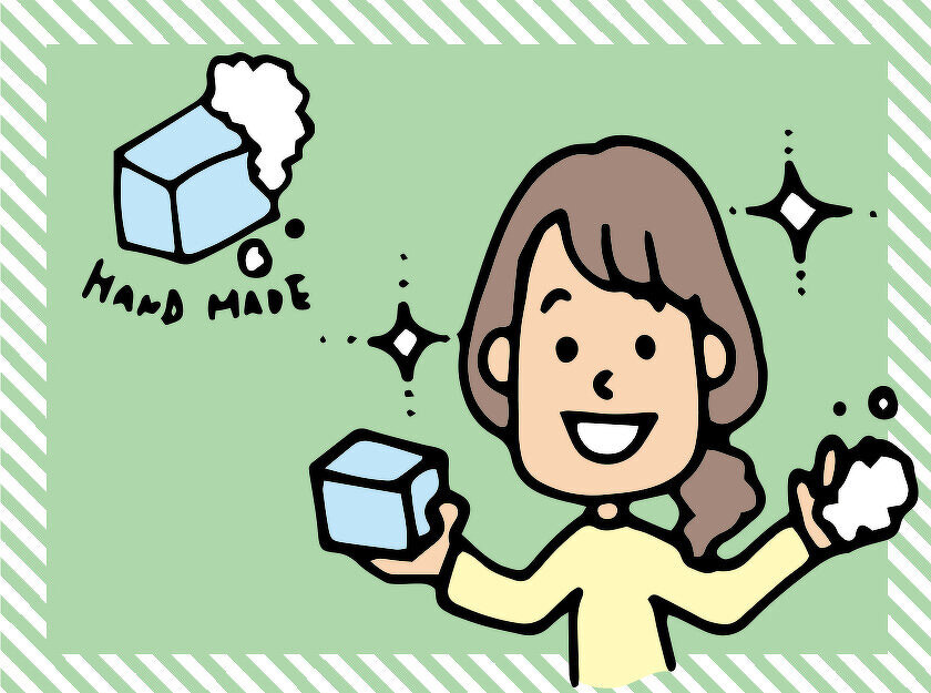 イラスト：手作り石けんと笑顔の女性