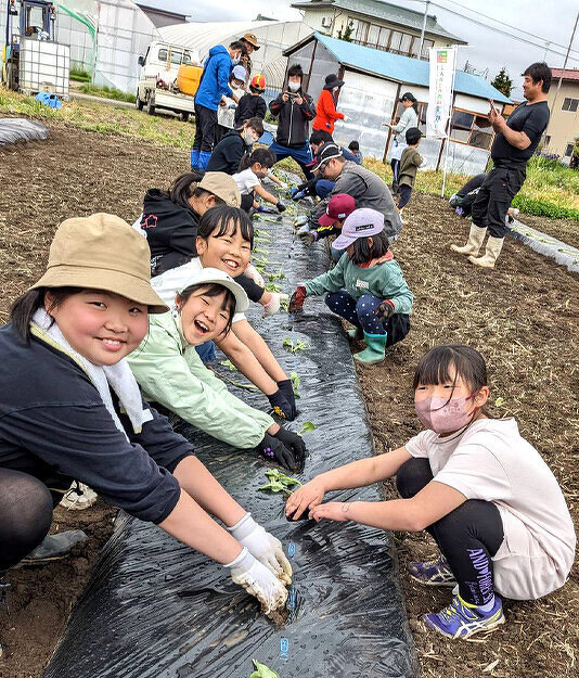 わんぱくキッズスクール：ジャガイモ、さつまいもの苗、里芋の種芋の植え付け、枝豆の種まきの様子